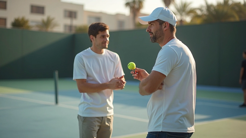 مدرب تنس محترف يعلم مجموعة من لاعبي التنس المبتدئين على ملعب خارجي