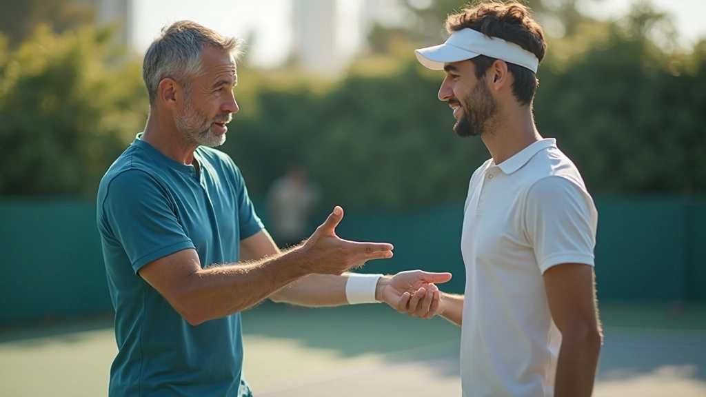 مدرب تنس يقدم نصائح لاعب تنس مبتدئ على الملعب