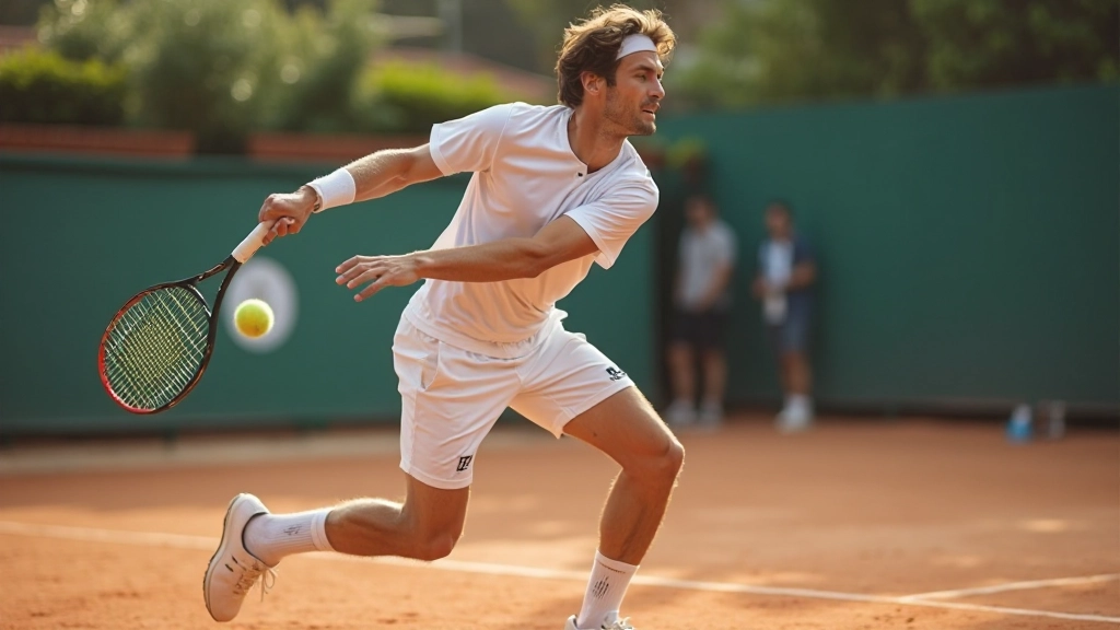 لاعب تنس يؤدي حركات تدريبية على ملعب التنس المهني