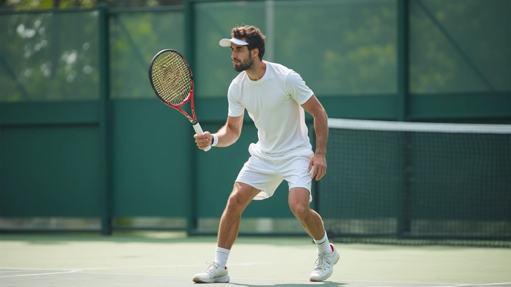 لاعب تنس محترف يمسك بمضرب التنس في موقف جاهز