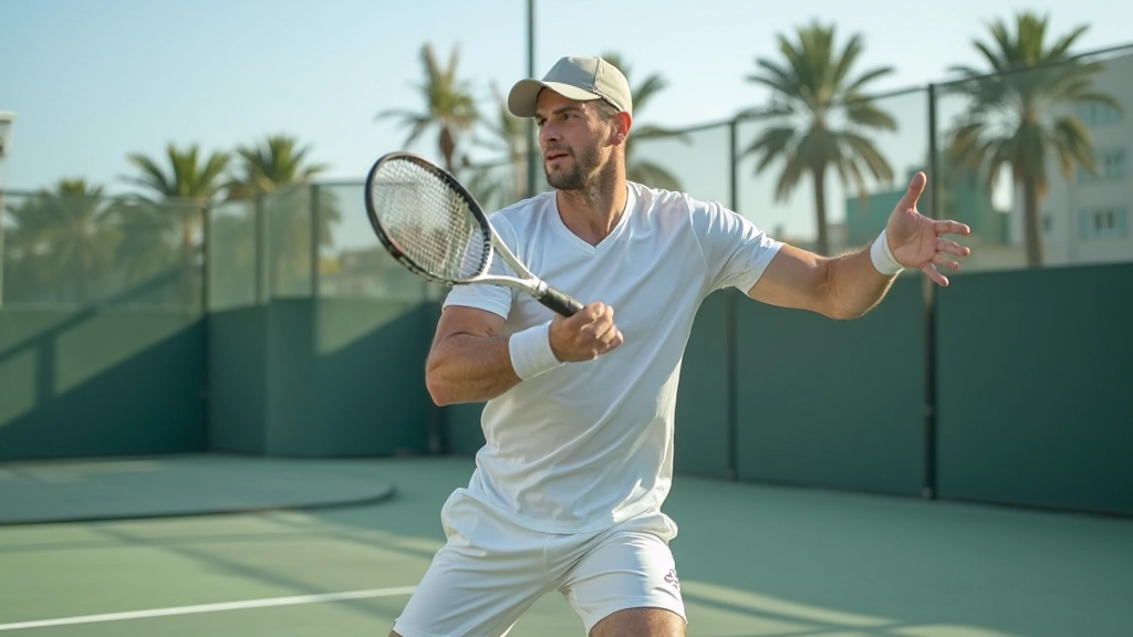 لاعب تنس محترف يقوم بضربة قوية على ملعب التنس الاحترافي