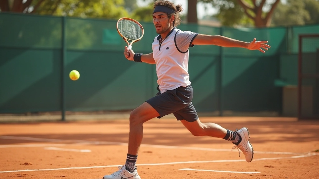 لاعب تنس يمارس خطوات القدم على ملعب التنس