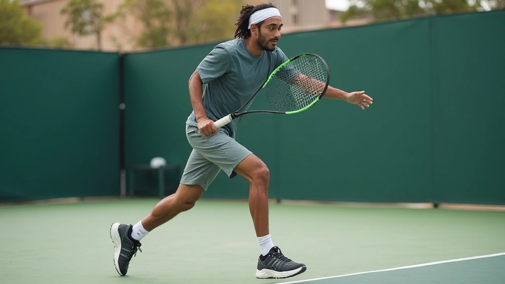 لاعب تنس يقوم بحركات خطوات القدم على ملعب التنس