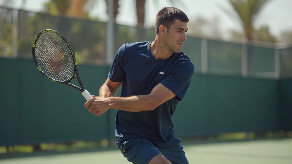 لاعب تنس يقوم بضربة الفورهاند بقوة على الملعب الخارجي