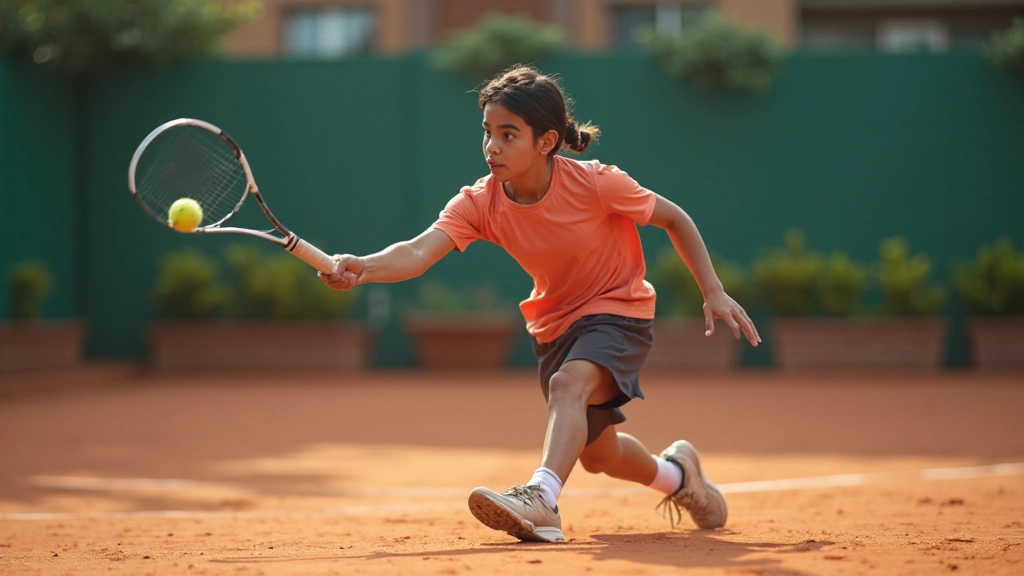 لاعب تنس يقوم بضربة فورهاند على ملعب التنس مع وضعية صحيحة للجسم والذراع